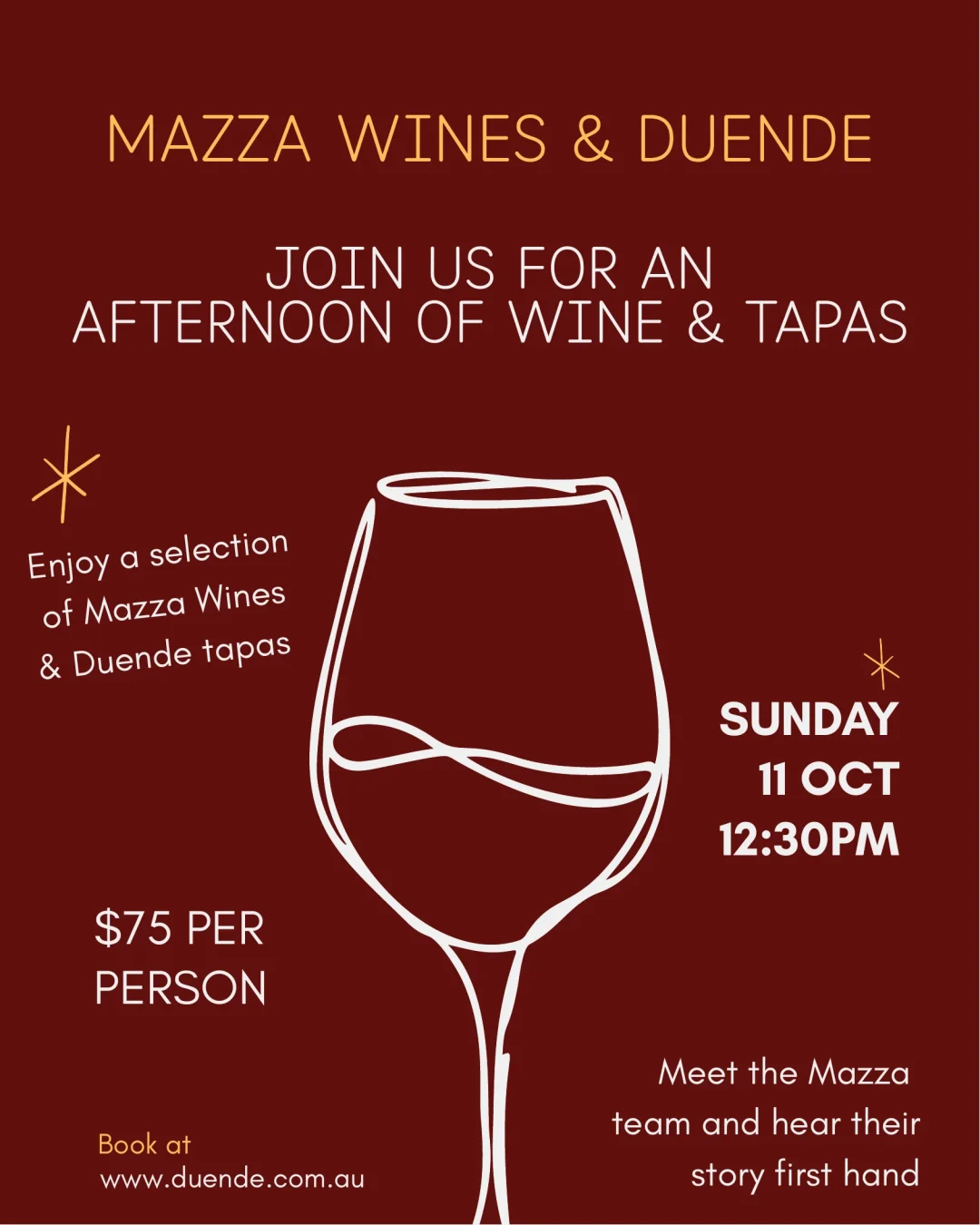 Mazza Wines and Duende event on Sunday 11 October at 12:30 PM