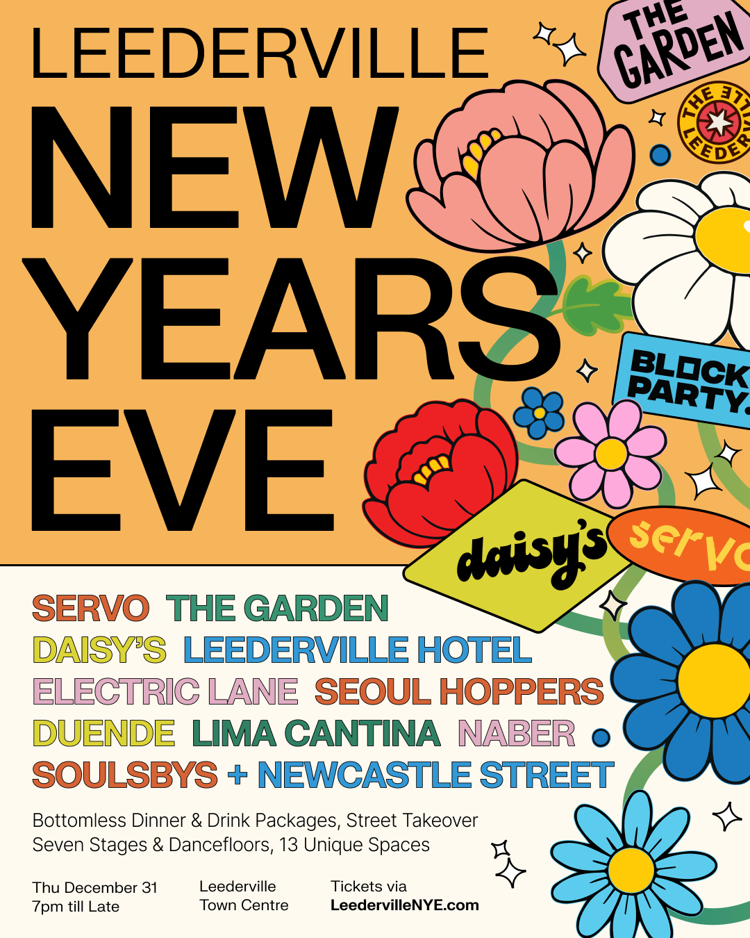 Leederville New Years Eve Block Party artwork featuring Duende and participating venues